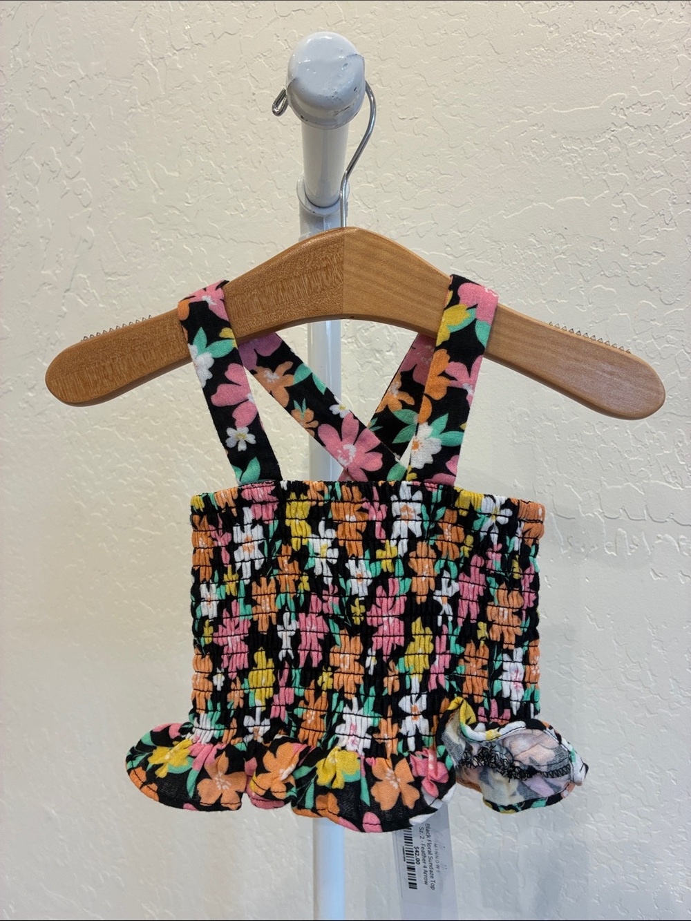 Black Floral Smocked Crop Top with Pink, Orange & Yellow Flowers